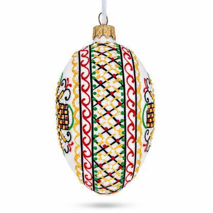 White Geometric Ukrainian Egg Glass Christmas Ornament 4 Inches