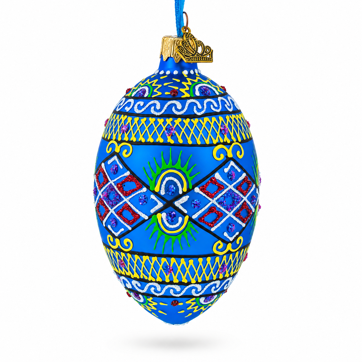 Blue Geometric Ukrainian Egg Glass Christmas Ornament 4 Inches