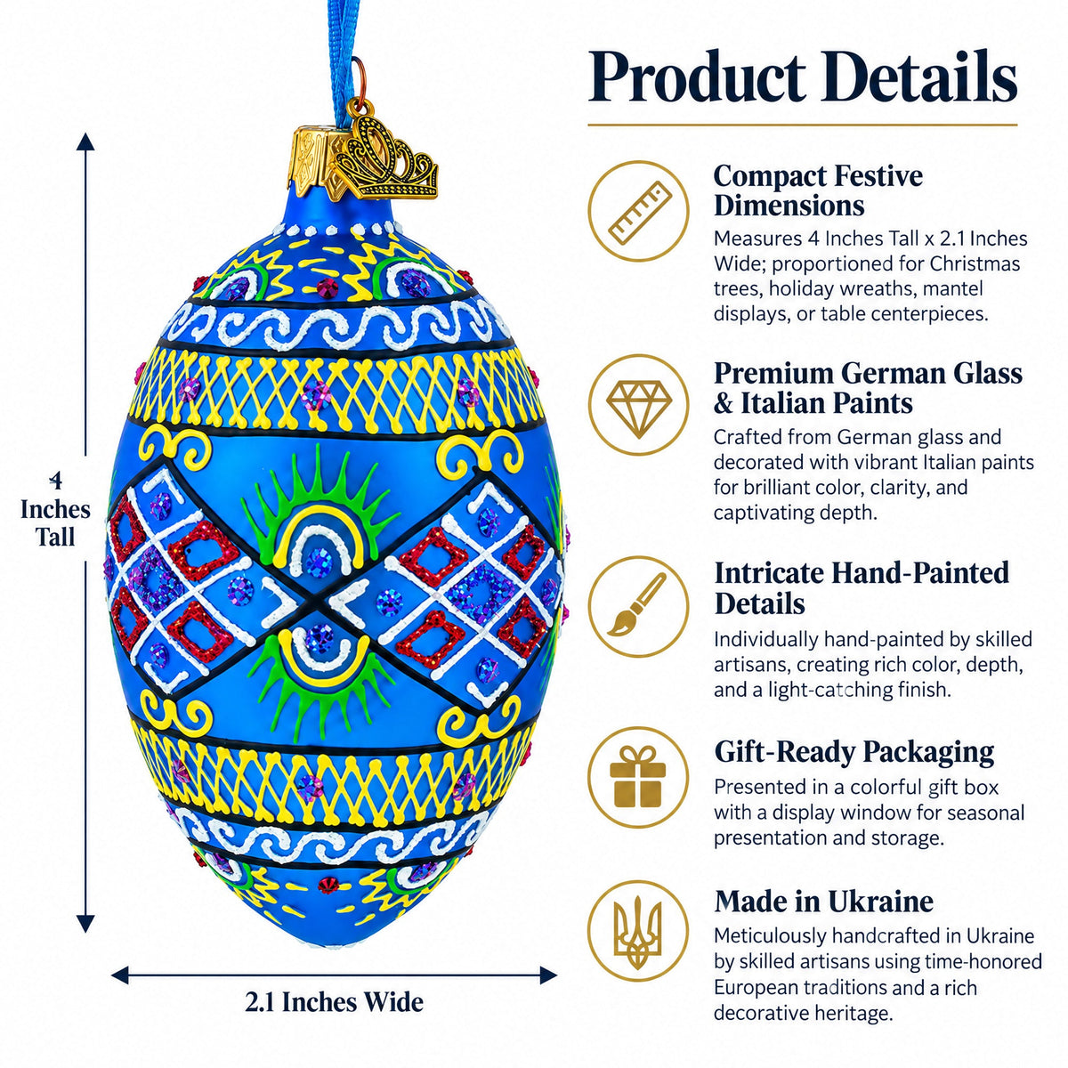 Blue Geometric Ukrainian Egg Glass Christmas Ornament 4 Inches