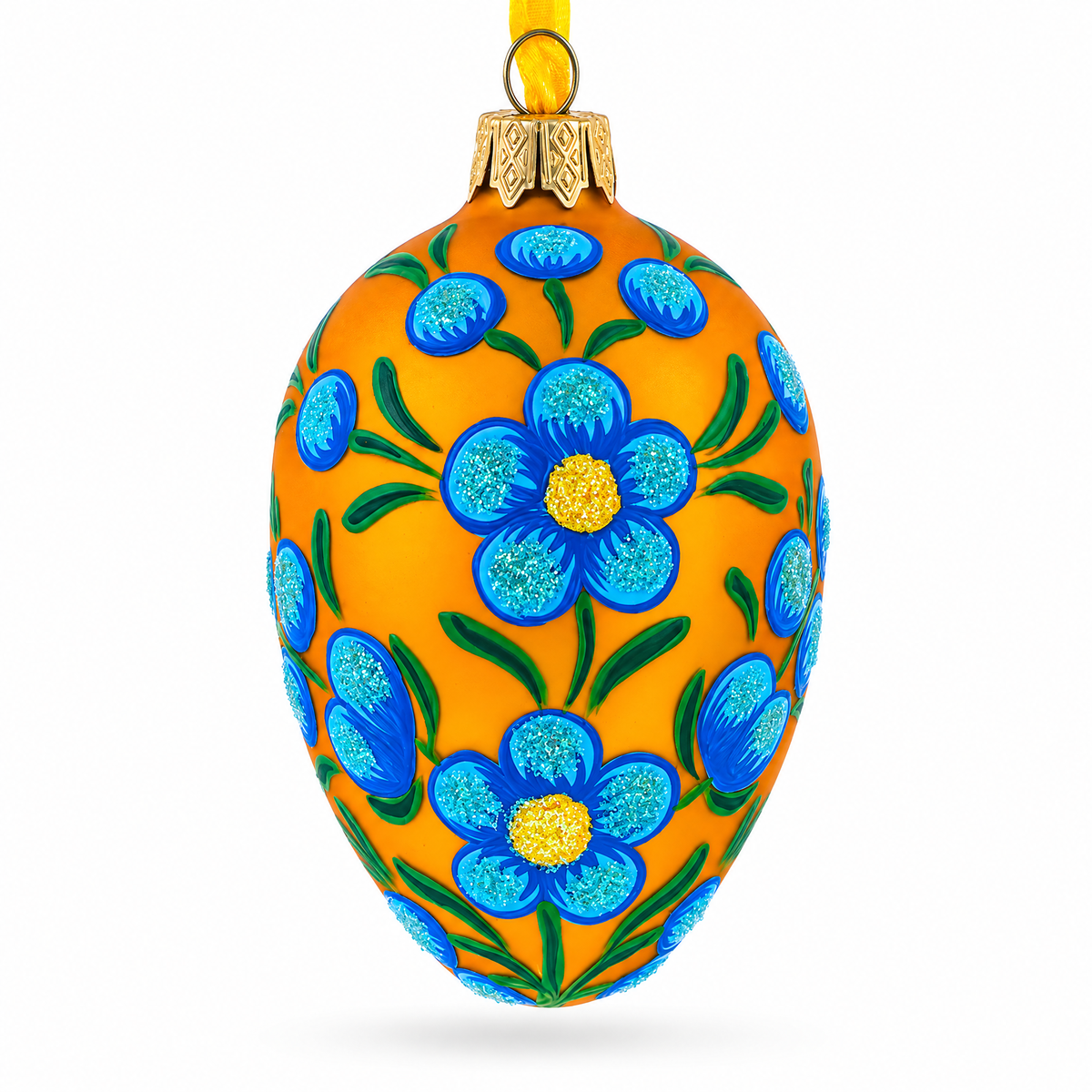 Blue Flowers on Orange Glass Egg Ornament 4 Inches