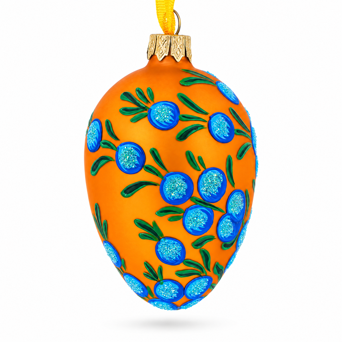 Blue Flowers on Orange Glass Egg Ornament 4 Inches