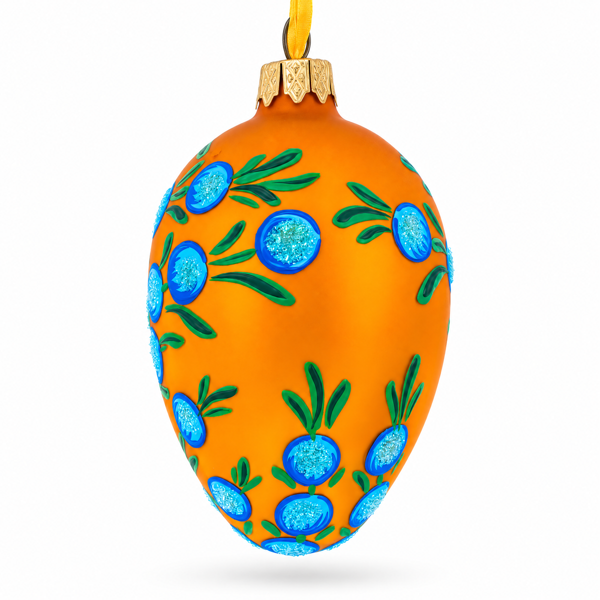 Blue Flowers on Orange Glass Egg Ornament 4 Inches
