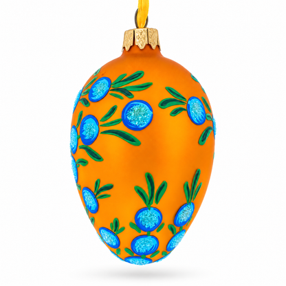 Blue Flowers on Orange Glass Egg Ornament 4 Inches