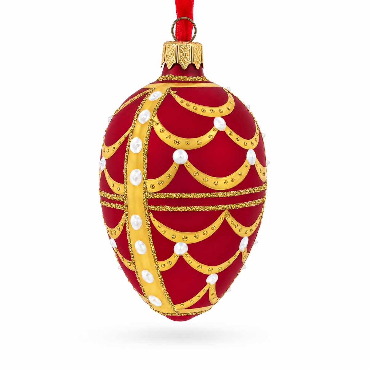 Gold Arches On Red Egg Glass Ornament 4 Inches