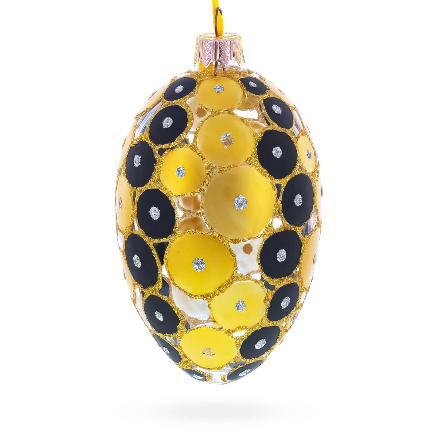 Gold and Black Circles Glass Egg Christmas Ornament 4 Inches