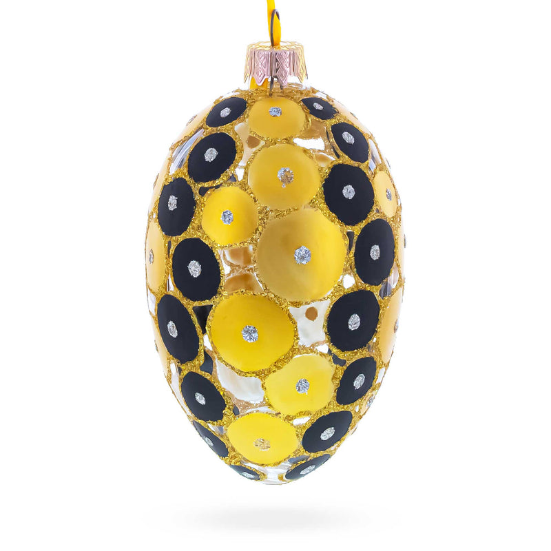 Gold and Black Circles Glass Egg Christmas Ornament 4 Inches