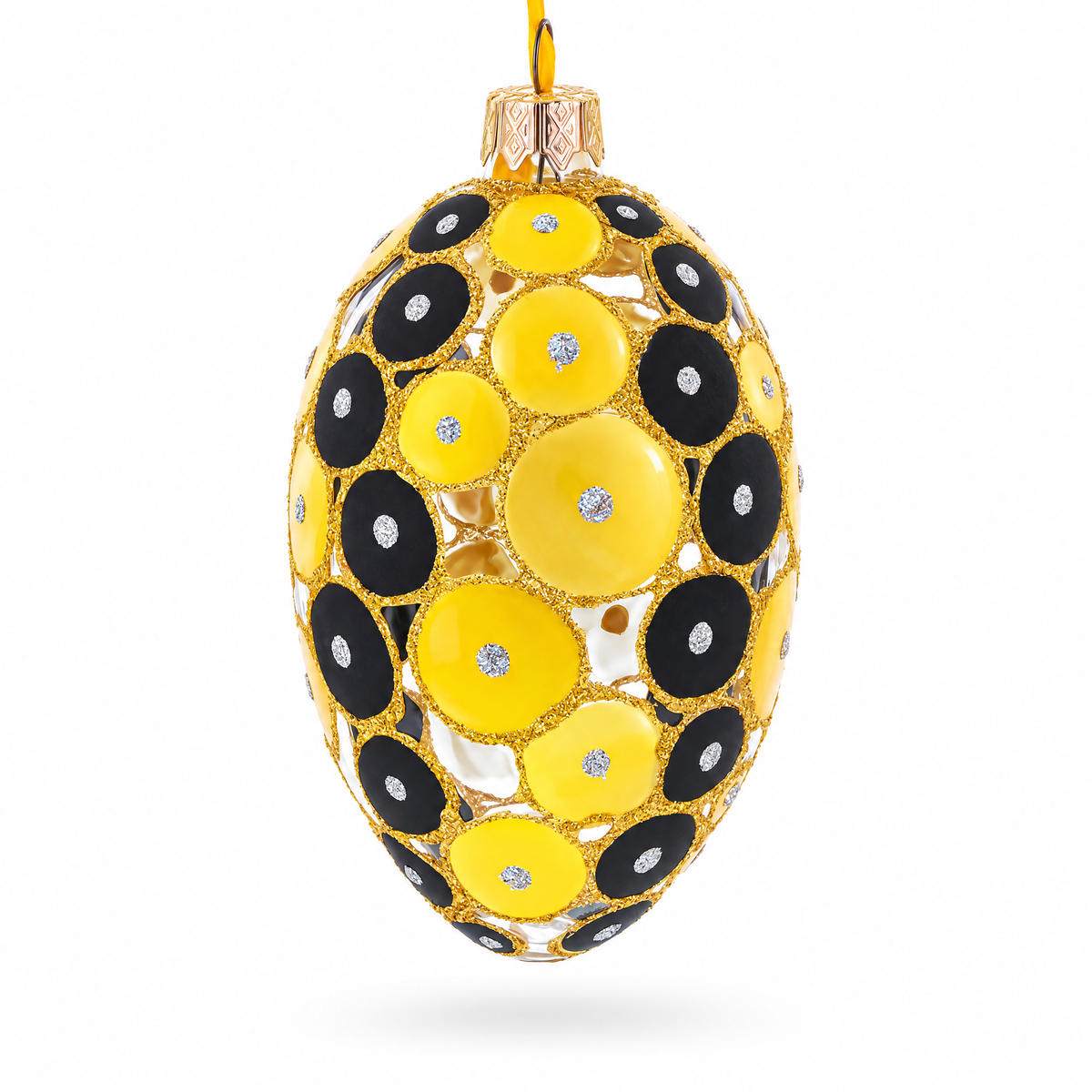 Gold and Black Circles Glass Egg Christmas Ornament 4 Inches