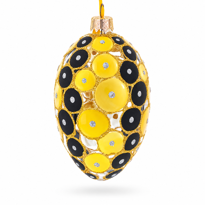 Gold and Black Circles Glass Egg Christmas Ornament 4 Inches