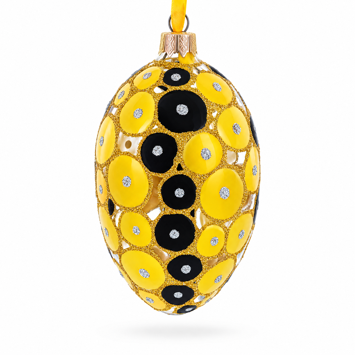 Gold and Black Circles Glass Egg Christmas Ornament 4 Inches