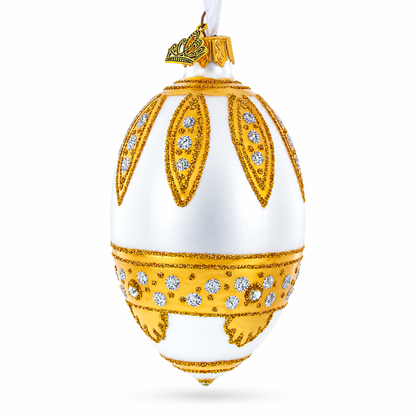 Golden Leaves On White Egg Glass Ornament 4 Inches