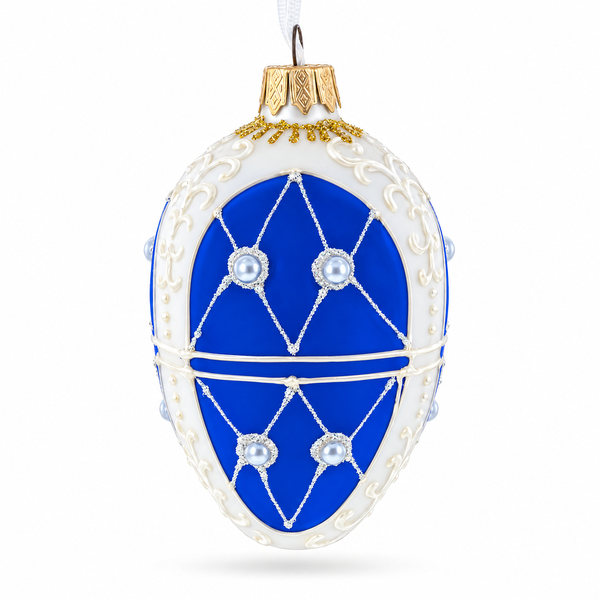Blue On White Royal Egg Glass Ornament 4 Inches