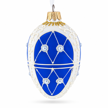 Blue On White Royal Egg Glass Ornament 4 Inches