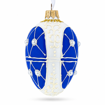 Blue On White Royal Egg Glass Ornament 4 Inches