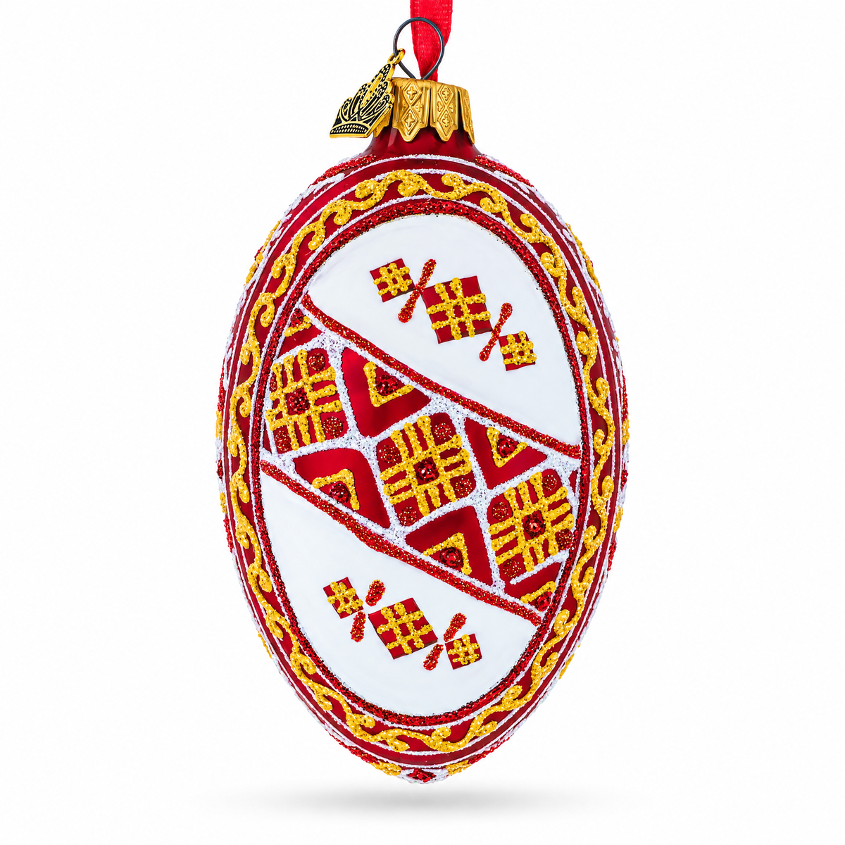 Red Stripe Ukrainian Pysanka Glass Egg Ornament 4 Inches