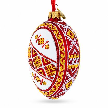 Red Stripe Ukrainian Pysanka Glass Egg Ornament 4 Inches