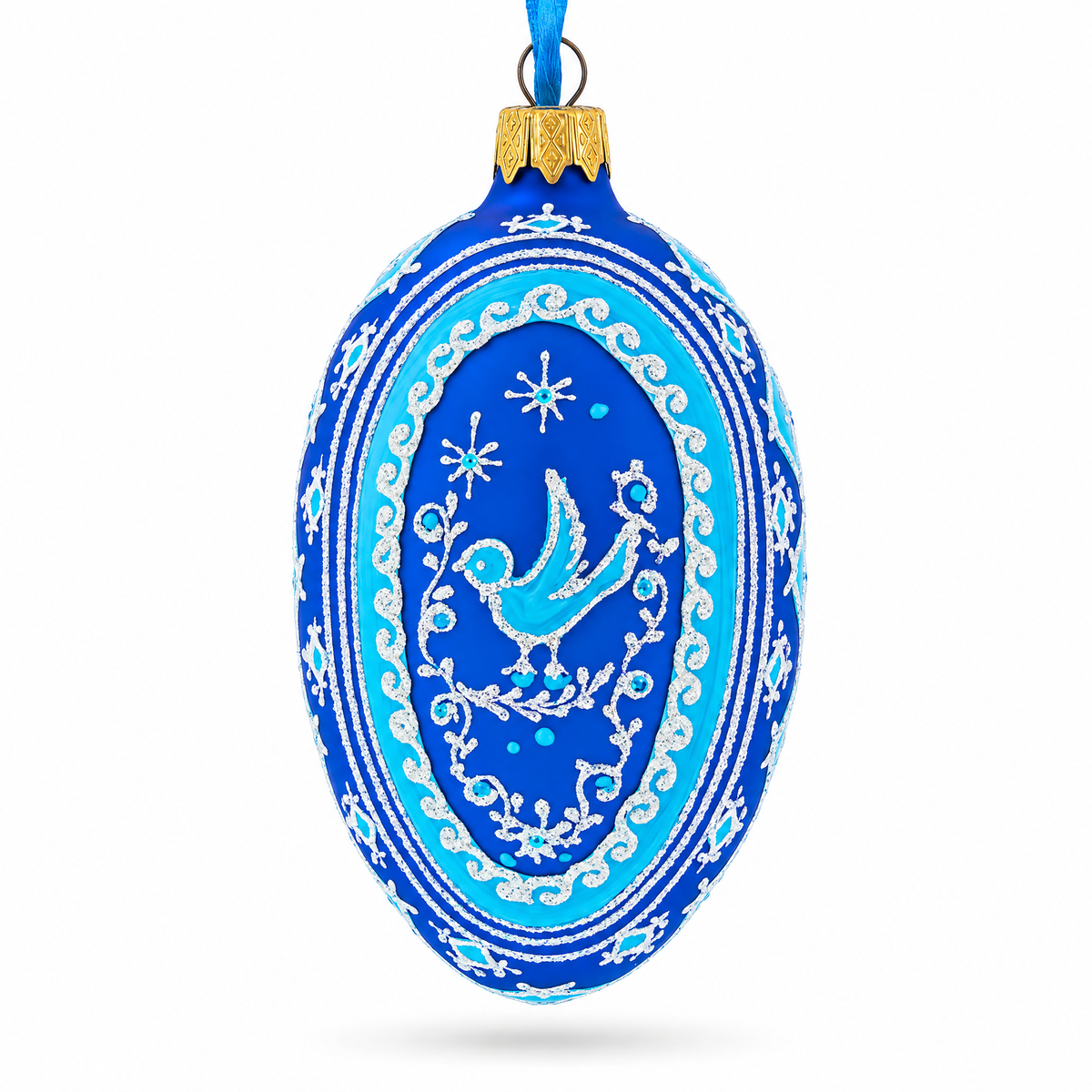 Blue Bird Pysanka Glass Egg Ornament 4 Inches