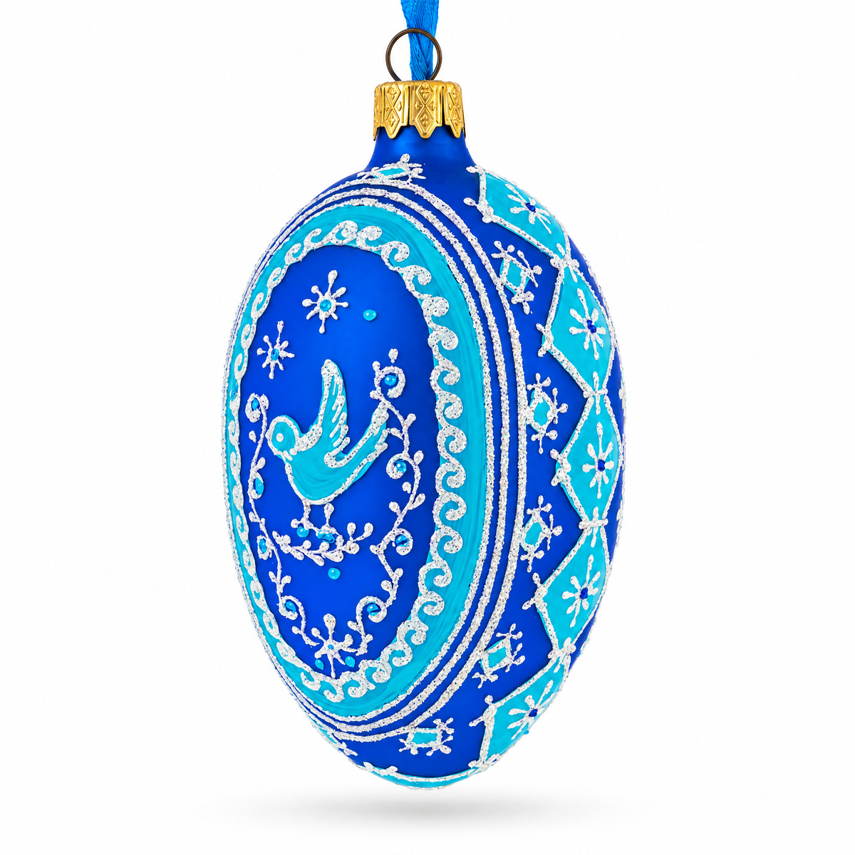Blue Bird Pysanka Glass Egg Ornament 4 Inches
