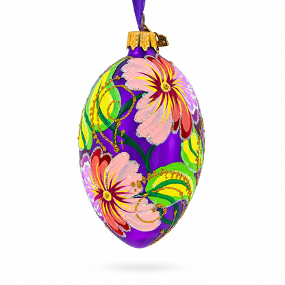 Flowers on Purple Glass Egg Ornament 4 Inches