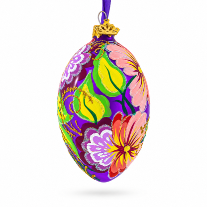 Flowers on Purple Glass Egg Ornament 4 Inches