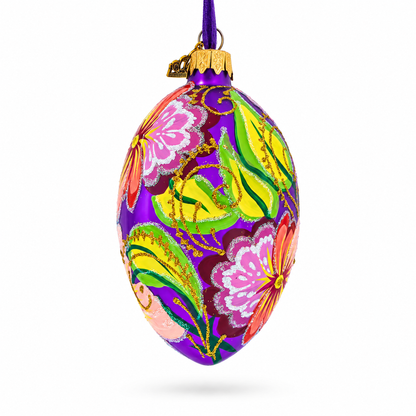 Flowers on Purple Glass Egg Ornament 4 Inches