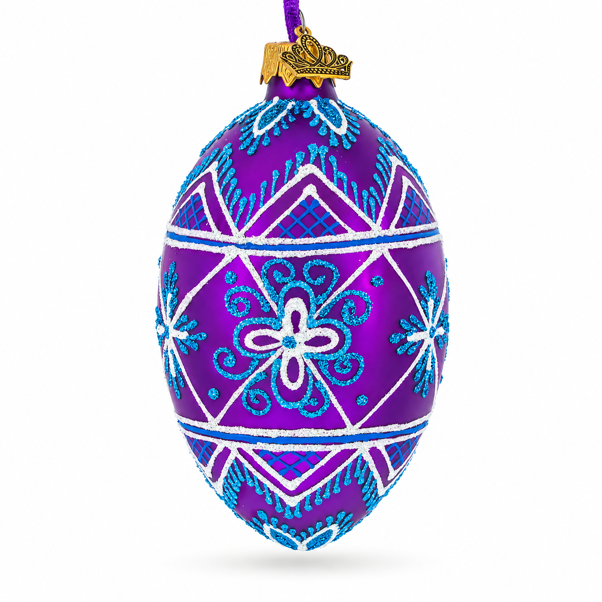 White Stars on Purple Glass Egg Ornament 4 Inches