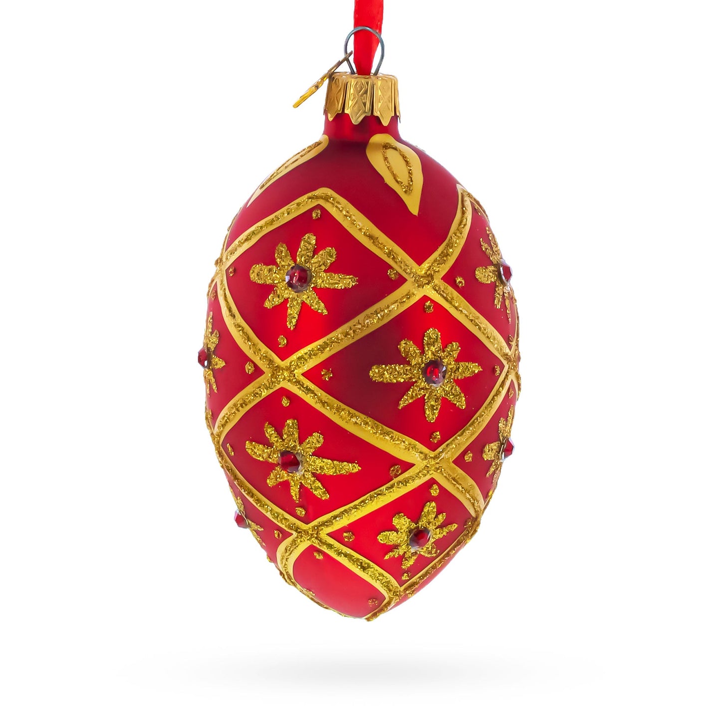Gold Stars on Red Glass Egg Ornament 4 Inches