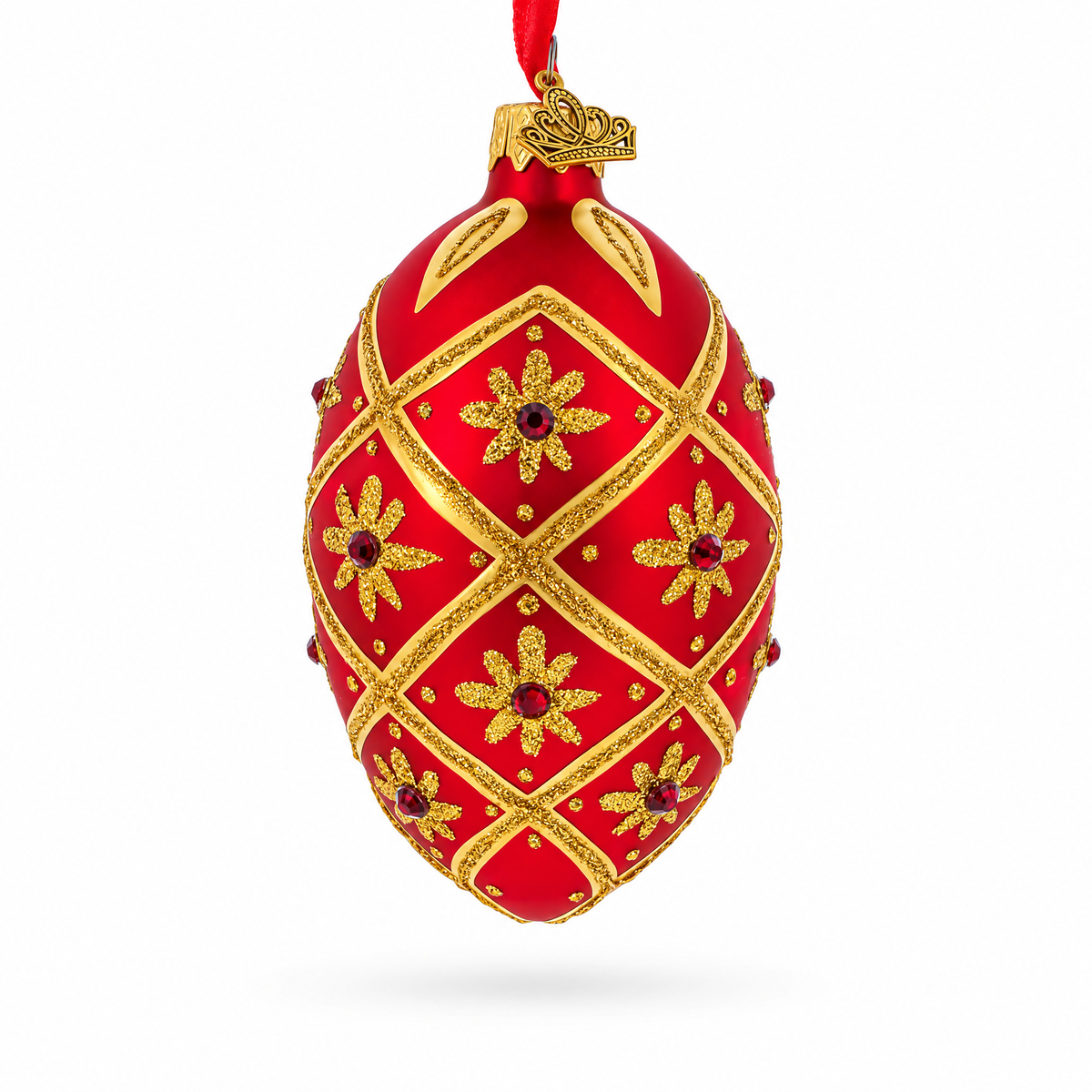 Gold Stars on Red Glass Egg Ornament 4 Inches