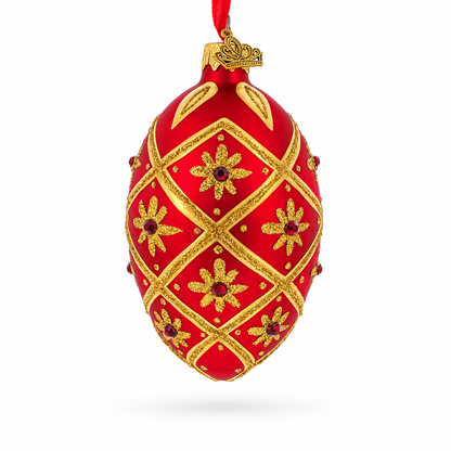 Gold Stars on Red Glass Egg Ornament 4 Inches