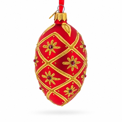 Gold Stars on Red Glass Egg Ornament 4 Inches