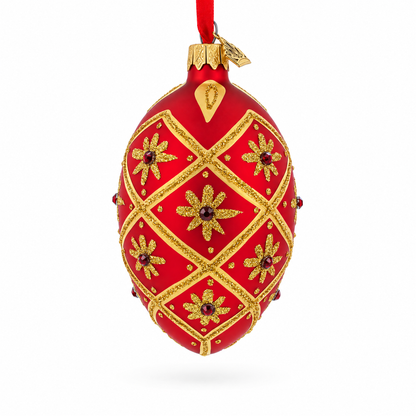 Gold Stars on Red Glass Egg Ornament 4 Inches
