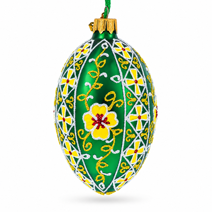 Gold Crosses on Green Ukrainian Glass Egg Ornament 4 Inches