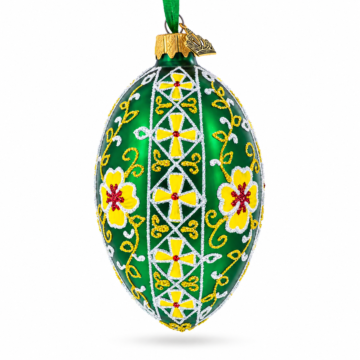 Gold Crosses on Green Ukrainian Glass Egg Ornament 4 Inches