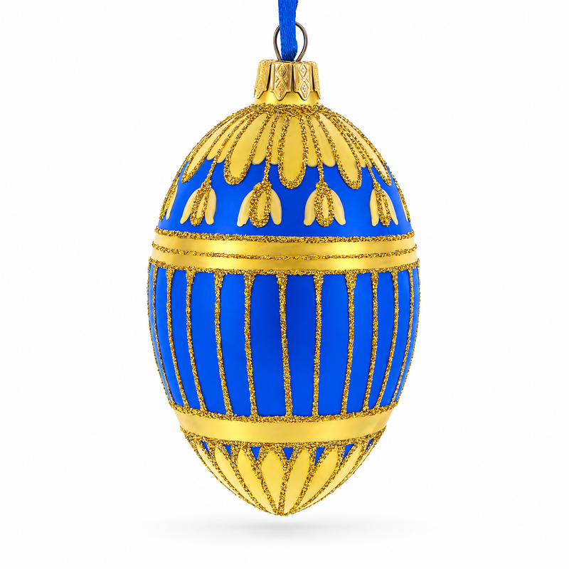 1885 Blue Enamel Ribbed Royal Egg Glass Ornament 4 Inches