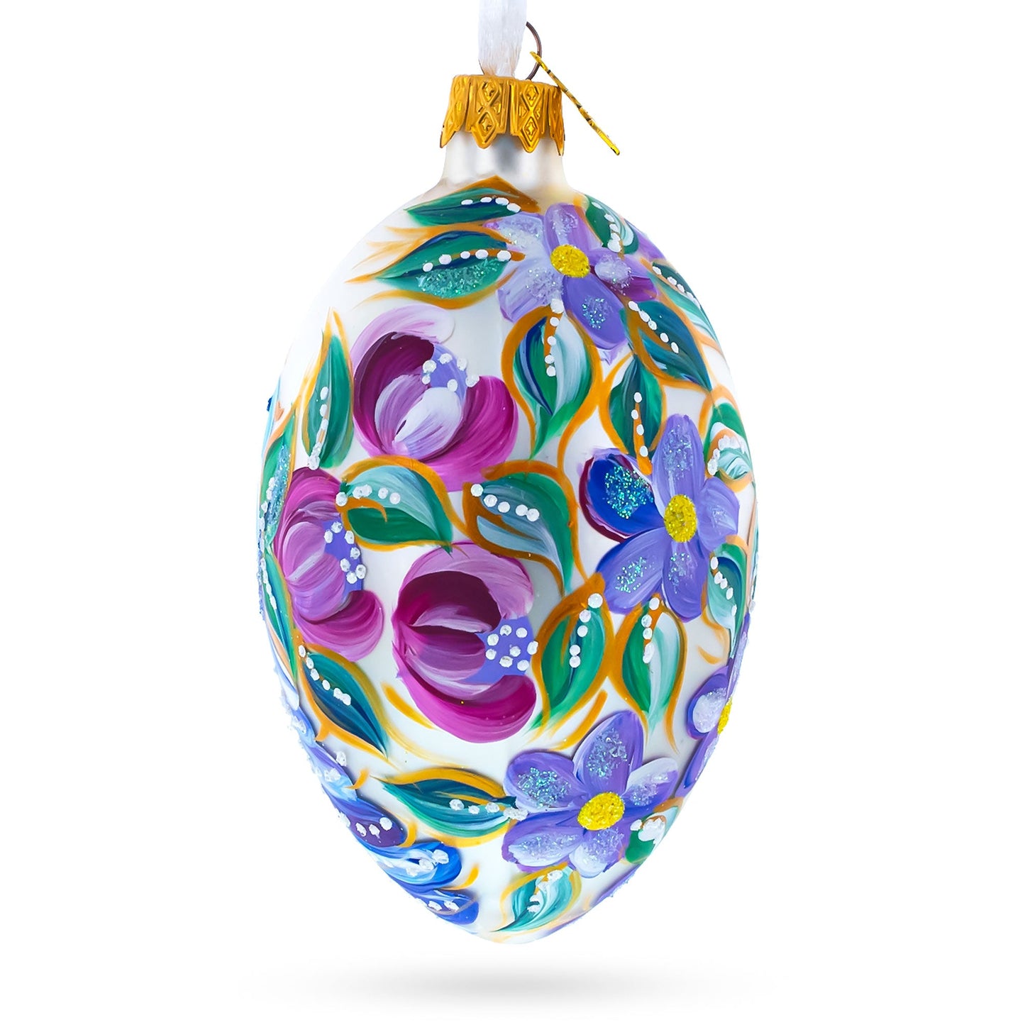 Blye Songbird with Blossoms Glass Egg Ornament 4 Inches