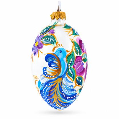 Blye Songbird with Blossoms Glass Egg Ornament 4 Inches