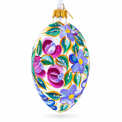 Blye Songbird with Blossoms Glass Egg Ornament 4 Inches