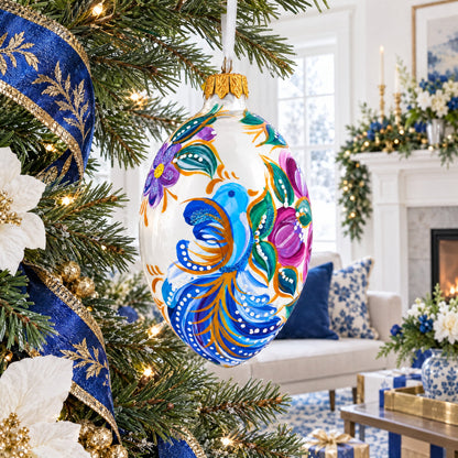 Blye Songbird with Blossoms Glass Egg Ornament 4 Inches
