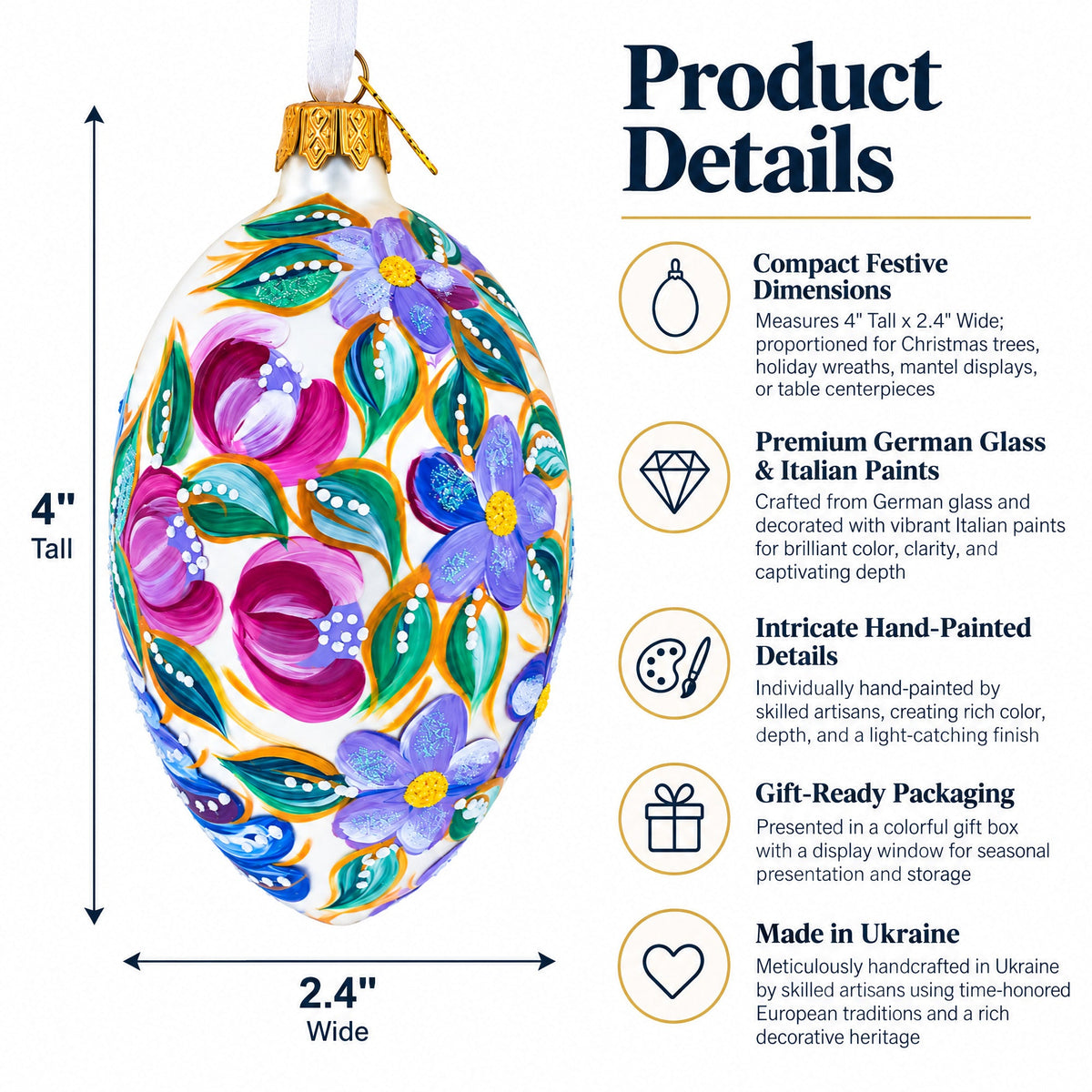 Blye Songbird with Blossoms Glass Egg Ornament 4 Inches