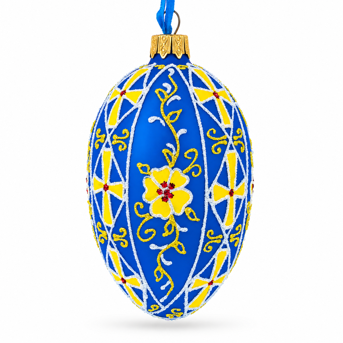 Blue with Yellow Floral Design Glass Egg Ornament 4 Inches