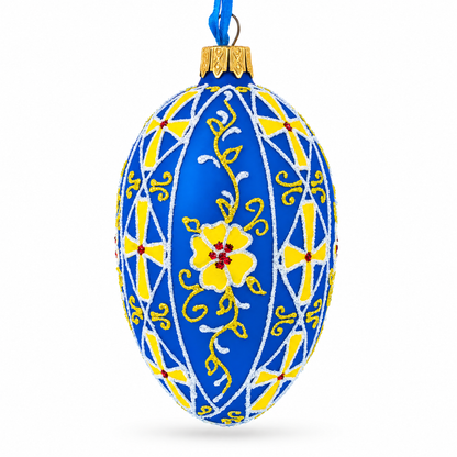 Blue with Yellow Floral Design Glass Egg Ornament 4 Inches