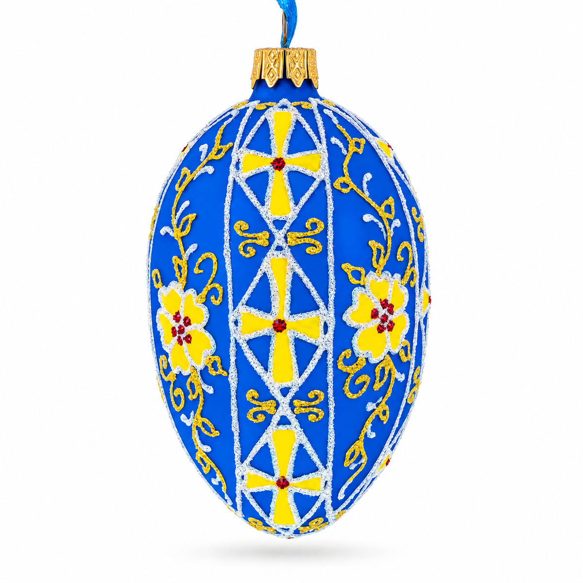 Blue with Yellow Floral Design Glass Egg Ornament 4 Inches