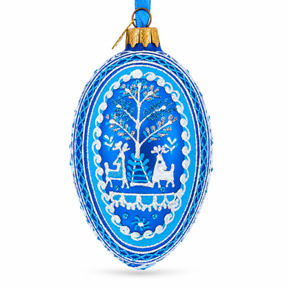 Two Deer in Forest Ukrainian Glass Egg Ornament 4 Inches