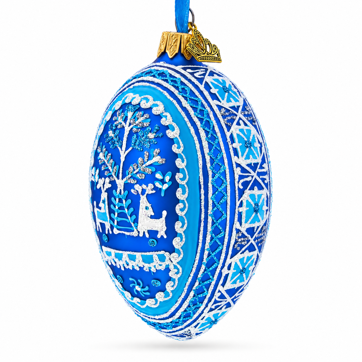 Two Deer in Forest Ukrainian Glass Egg Ornament 4 Inches