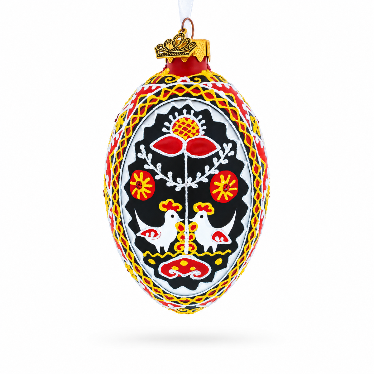 Two Roosters Ukrainian Glass Egg Ornament 4 Inches