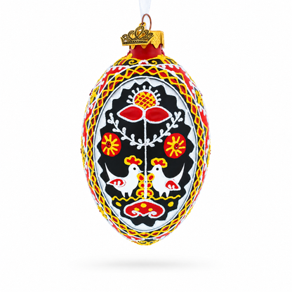 Two Roosters Ukrainian Glass Egg Ornament 4 Inches
