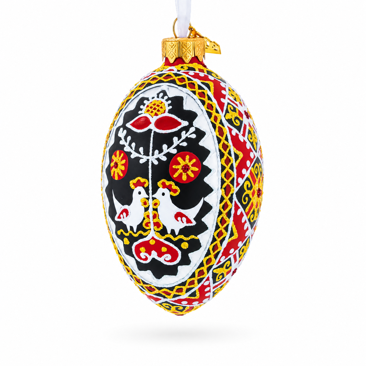 Two Roosters Ukrainian Glass Egg Ornament 4 Inches