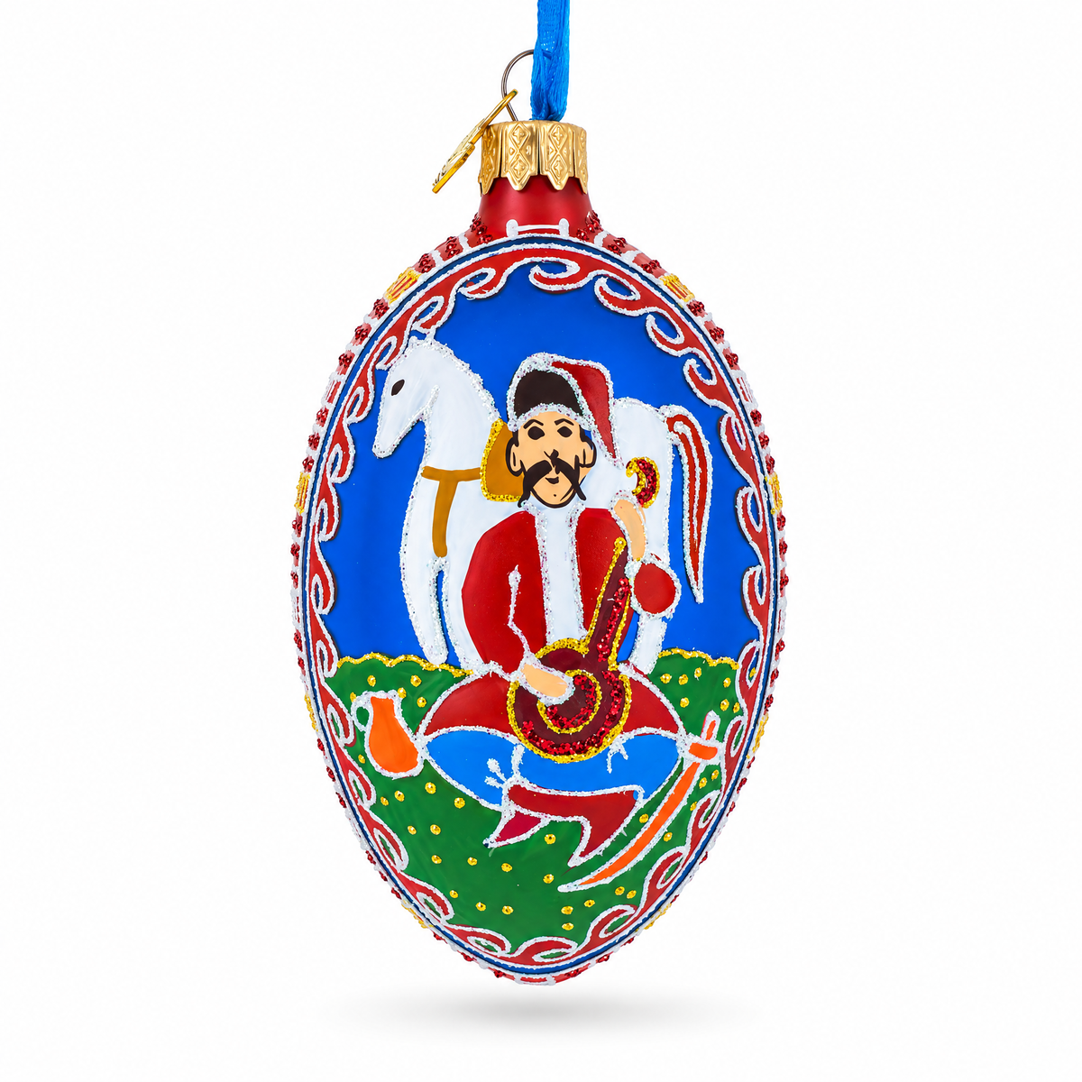 Kozak with Kobza Ukrainian Glass Egg Ornament 4 Inches