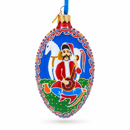 Kozak with Kobza Ukrainian Glass Egg Ornament 4 Inches