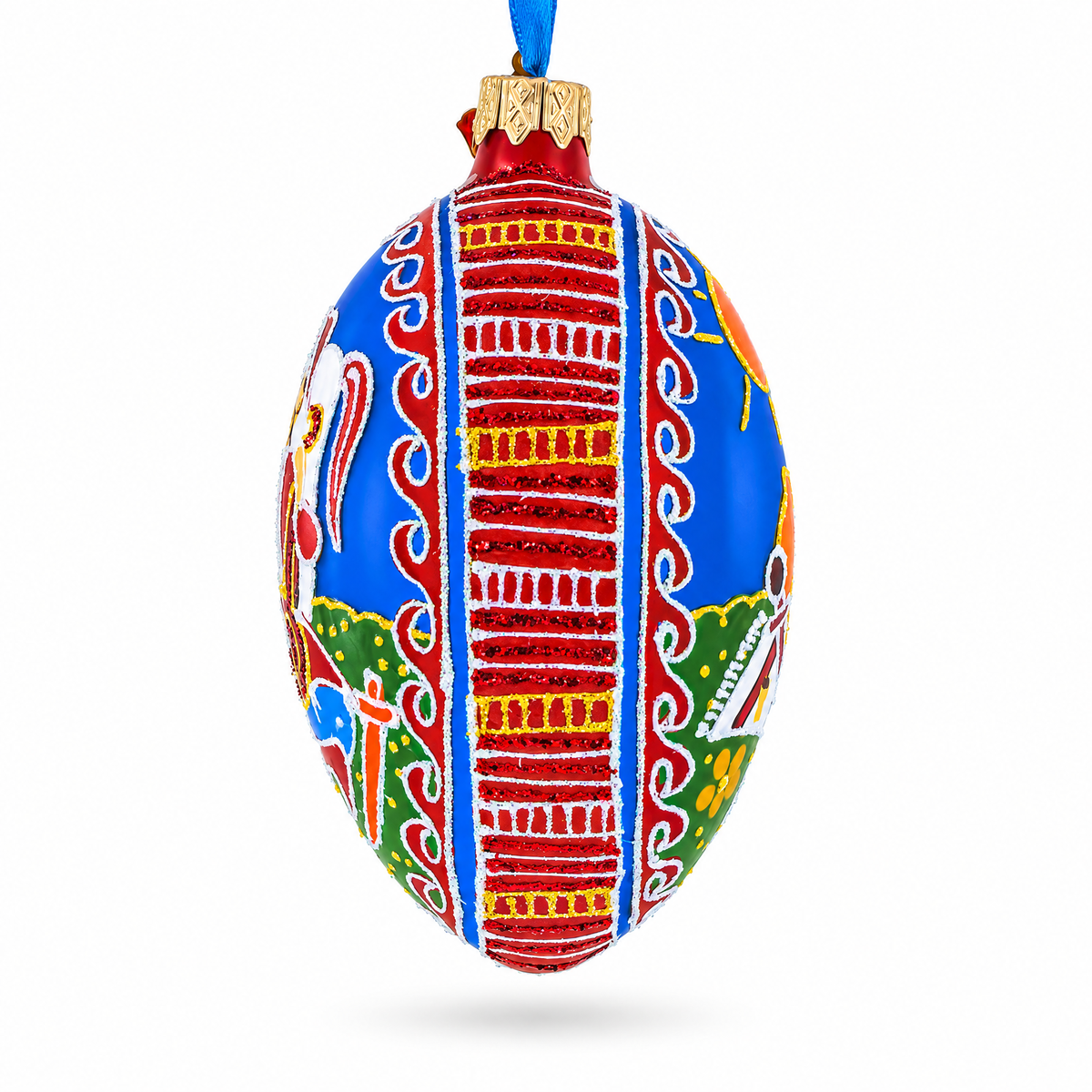 Kozak with Kobza Ukrainian Glass Egg Ornament 4 Inches