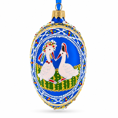 Storks Family Glass Egg Ornament 4 Inches